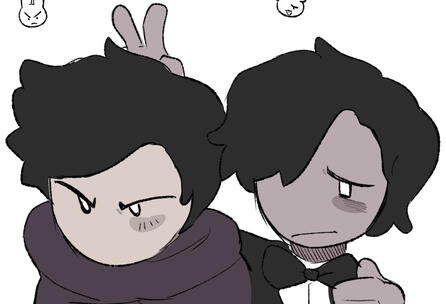 A drawing of Mark Heathcliff (on the left) and Cesar Torres (on the right, putting bunny ears behind Mark with two of his fingers) from "The Mandela Catalogue".