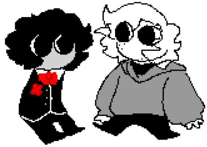 A drawing of chibi Cesar Torres (on the left) and Mark Heathcliff (on the right) from "The Mandela Catalogue" looking at each other.
